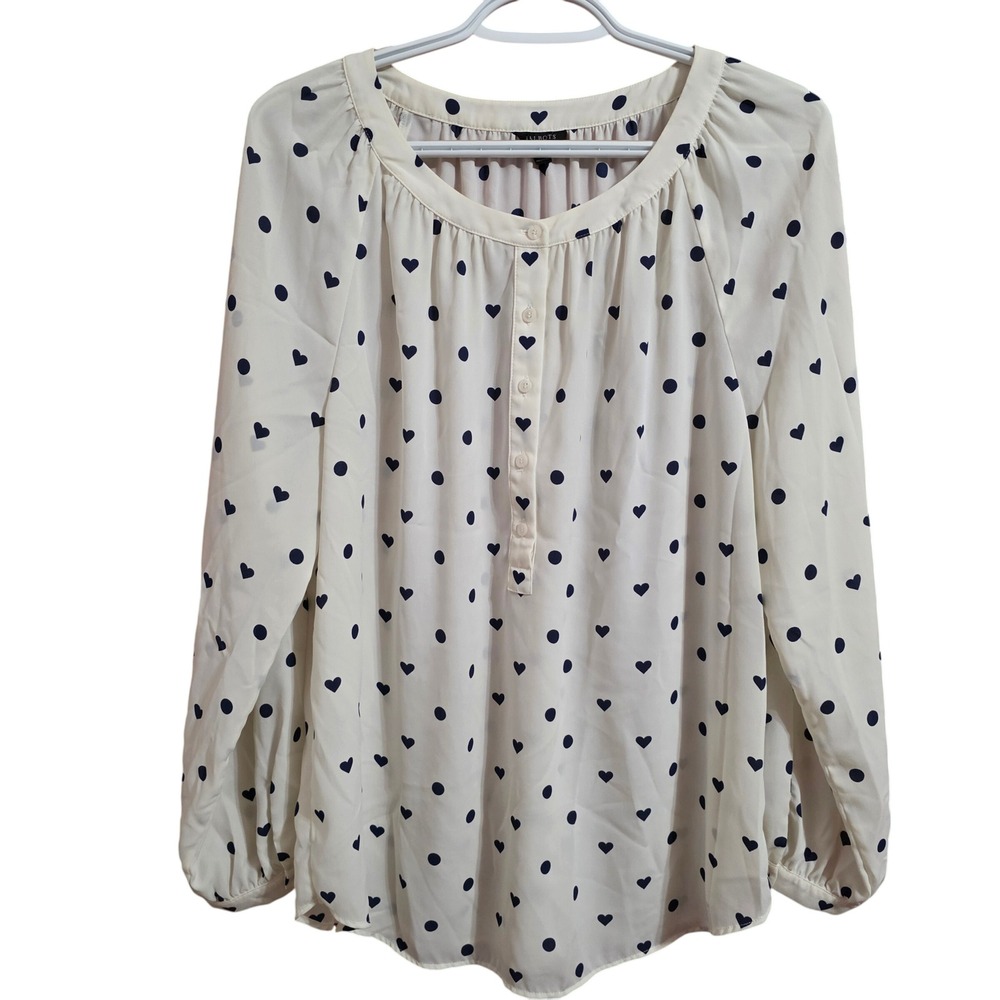 Talbots Womens L White Navy Heart Polka‎ Dot Print Long Sleeve Blouse Large